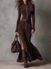 Full Size Slit Zip-Front Long Sleeve Maxi Dress with Belt Plus Size test