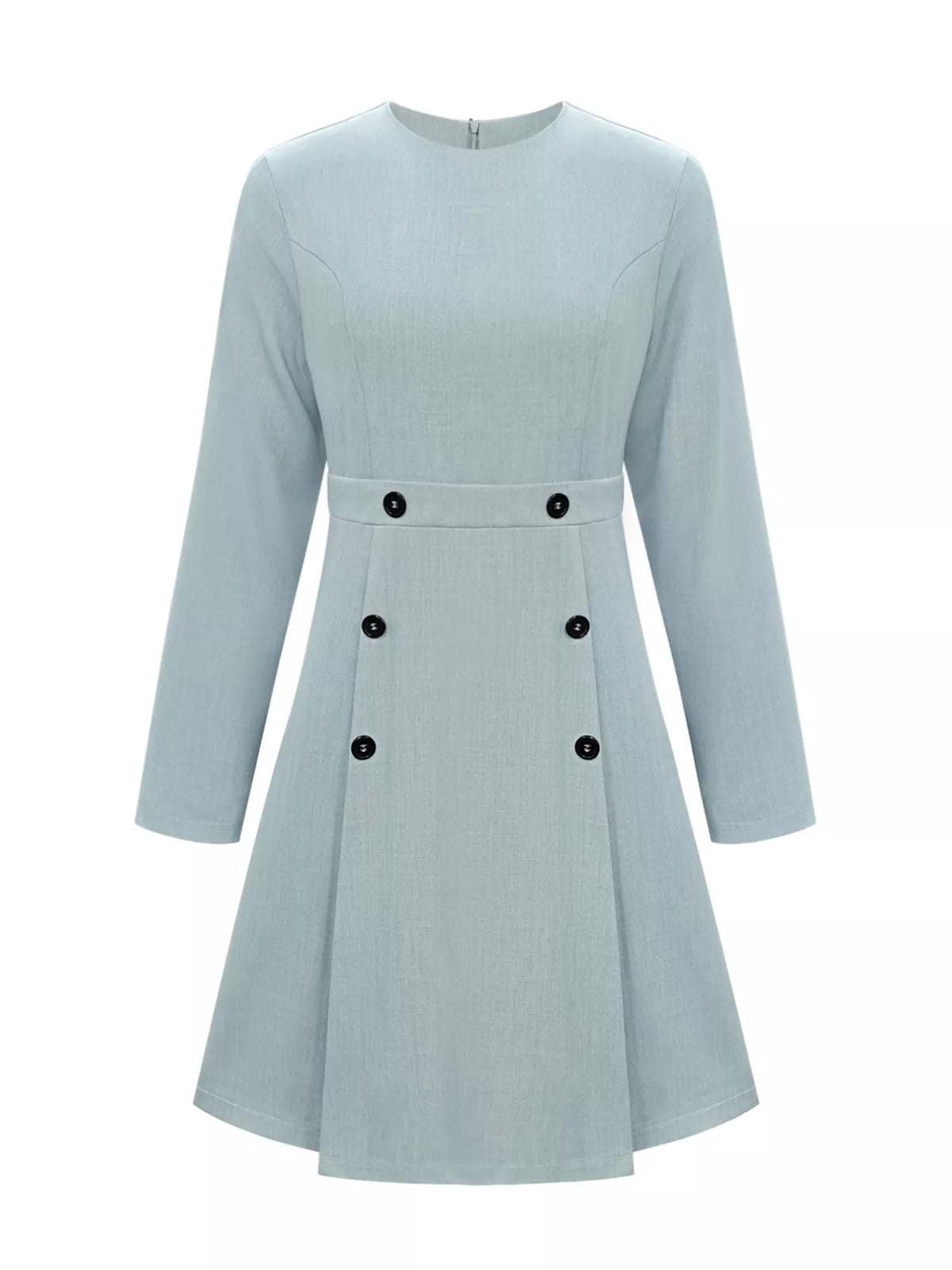 Light blue long sleeve dress with black buttons, trendy women's fashion at Shopimist