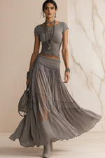 Women's Ribbed Knit Fringe-Hem Crop Top & Tiered Crinkle Chiffon Maxi Skirt Boho-Luxe Set