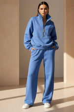 Women's Full-Zip Cropped Sweatshirt & Wide-Leg Pants Fleece Two-Piece Set