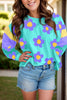 Contrast Flower Round Neck Long Sleeve Blouse test