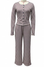 Women's Stripe Fitted Button-Front Crop Top & Drawstring Wide-Leg Pants Set