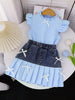 Children's Ruffled Top & Denim Patchwork Pleated Skirt Set test