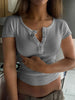 Ribbed Button Detail Round Neck Short Sleeve T-Shirt test