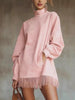 Full Size Mock Neck Fringed Hem Long Sleeve Mini Dress Plus Size test
