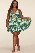Fasheabe Leaf Print O-ring Mini Dress - Plus Size