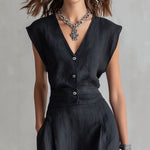 Women's Structured Sleeveless V-Neck Single-Breasted Vest & Wide-Leg Pleated Trousers Set
