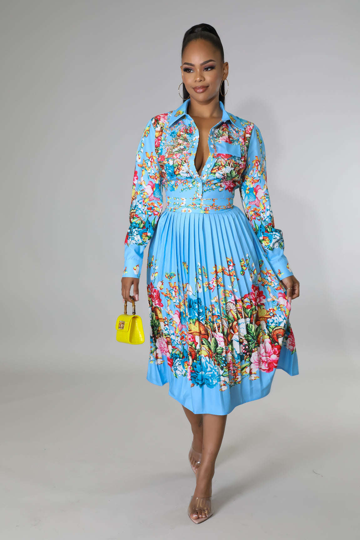 Pleated Print Long Sleeve Mid-Calf Lapel Standard-Waist Pullover Dress